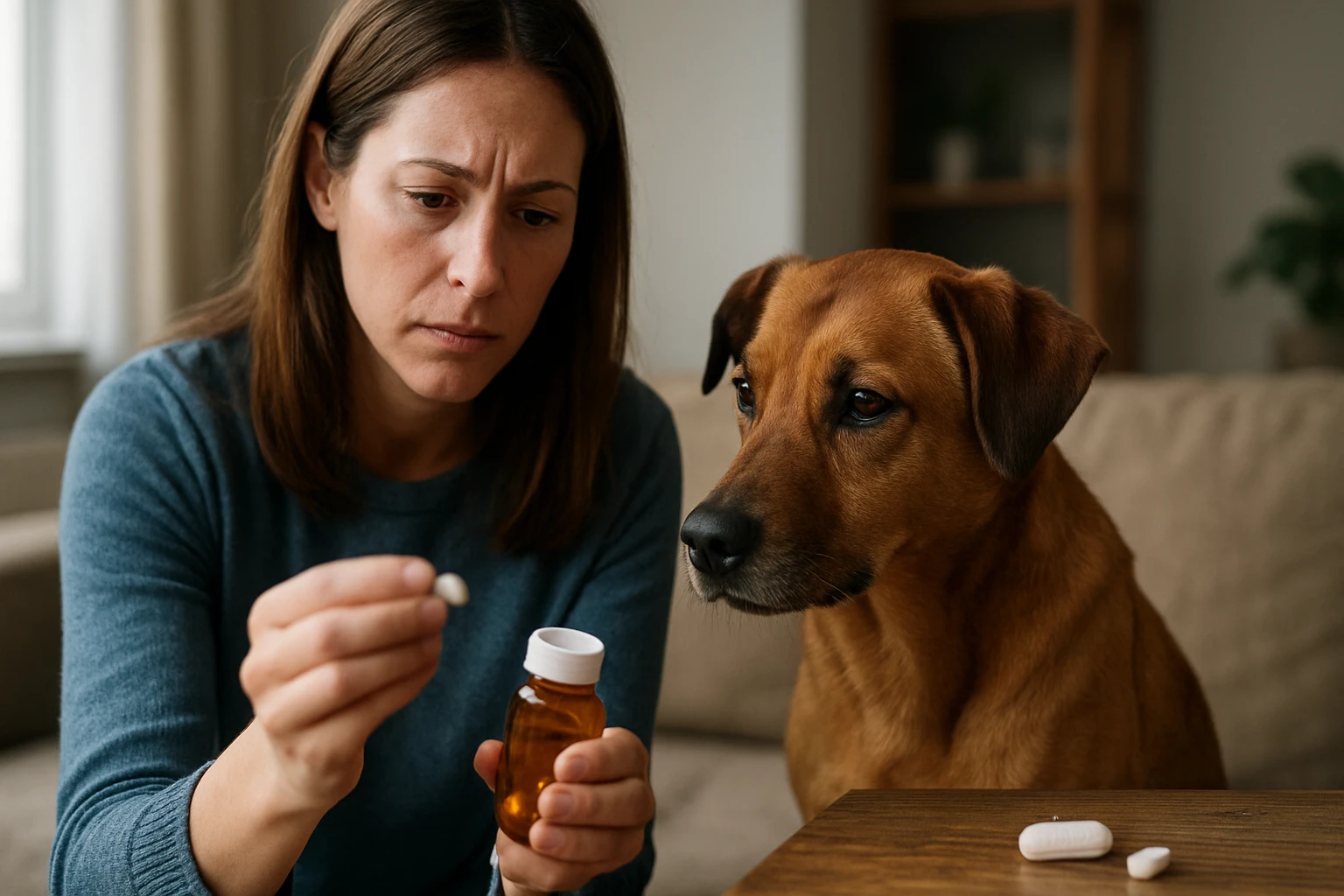 Žena so psom kontrolujúca antibiotiká pred podaním