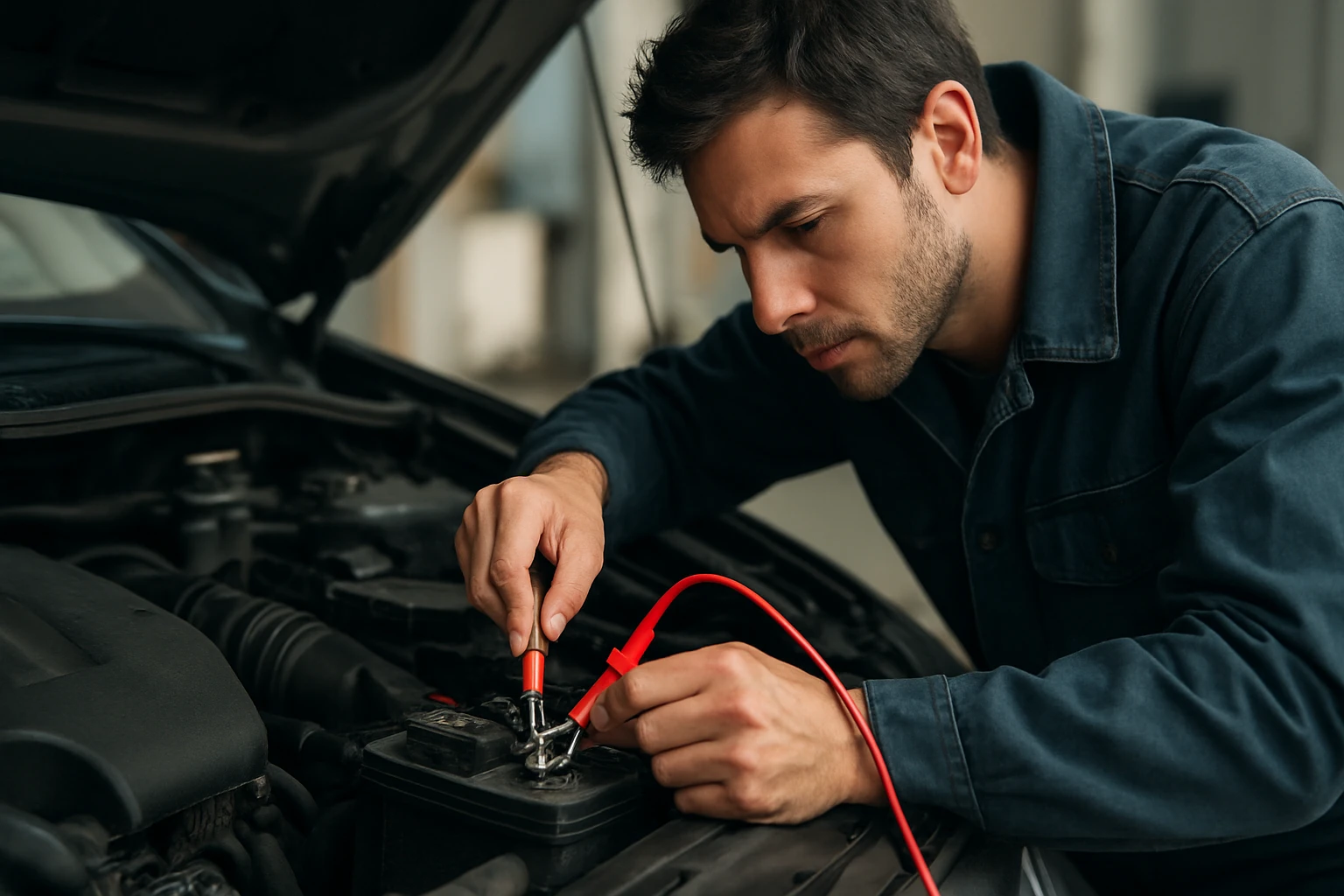 Muž pracujúci na batérii auta, zapaľovanie a technológie vozidiel.