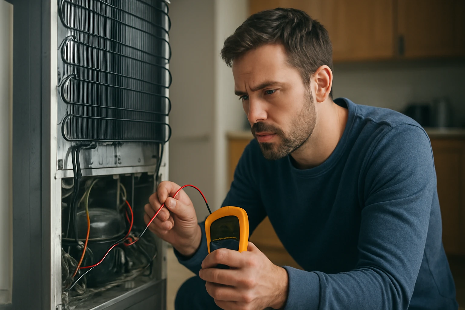 Muž vykonáva diagnostiku ventilátora chladničky pomocou multimetra.