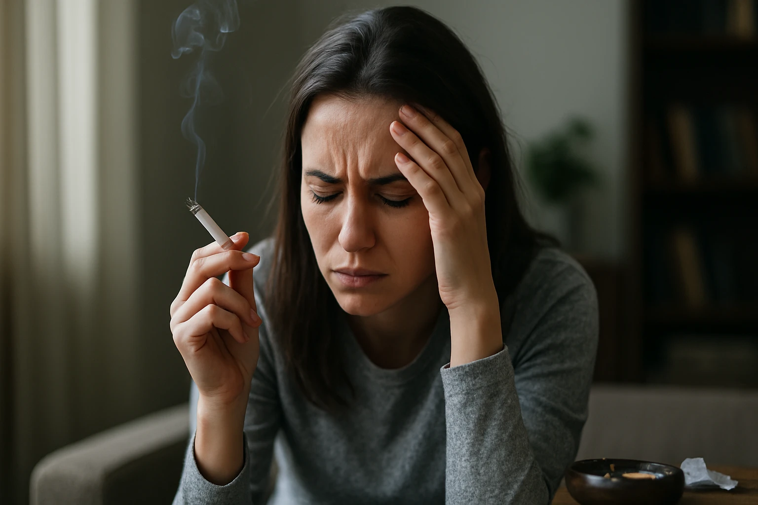 Žena s cigaretou vyzerá skľúčene, bojujúca so závislosťou.