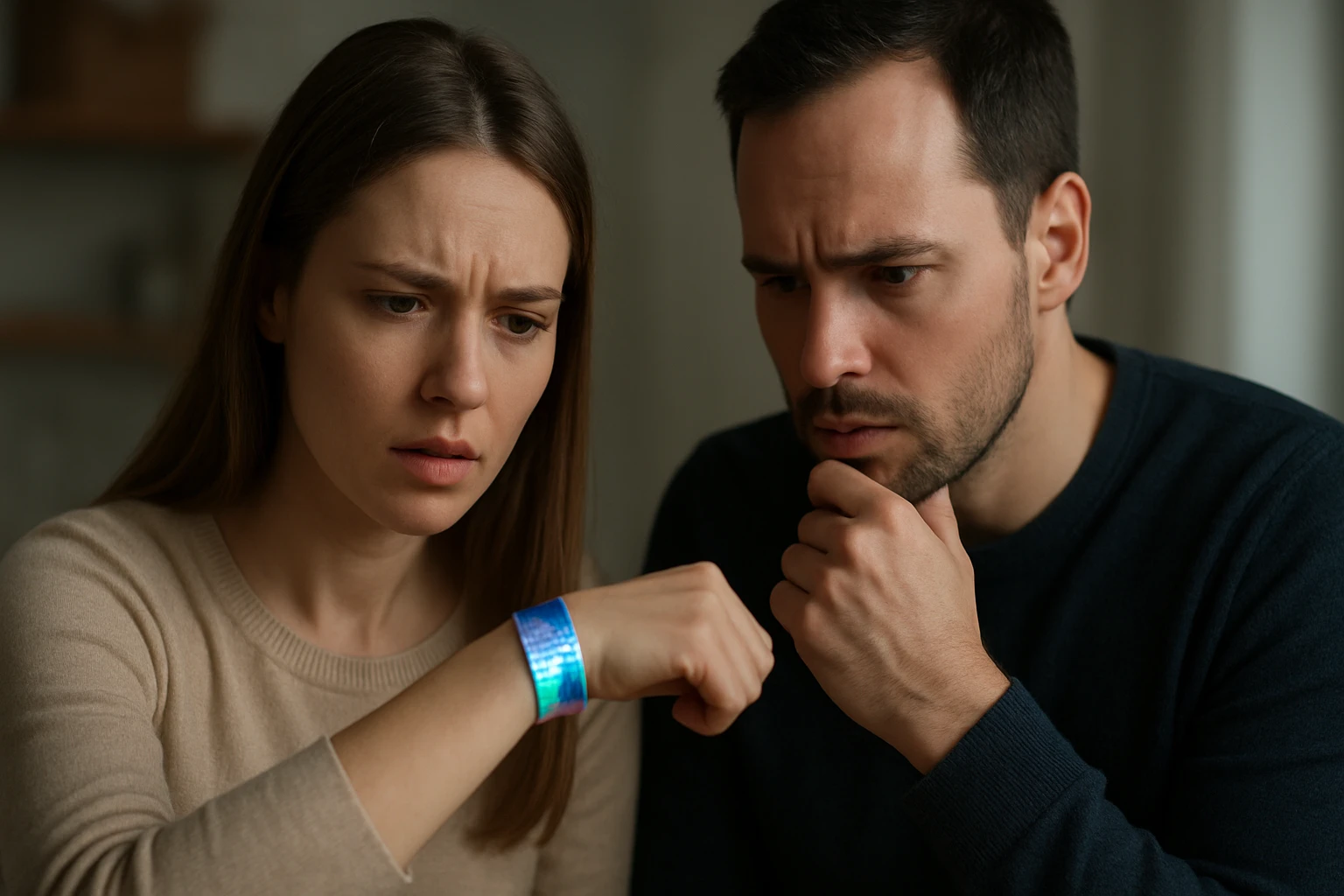 Mu muž a žena skúmajú holografický náramok s prekvapeným výrazom.