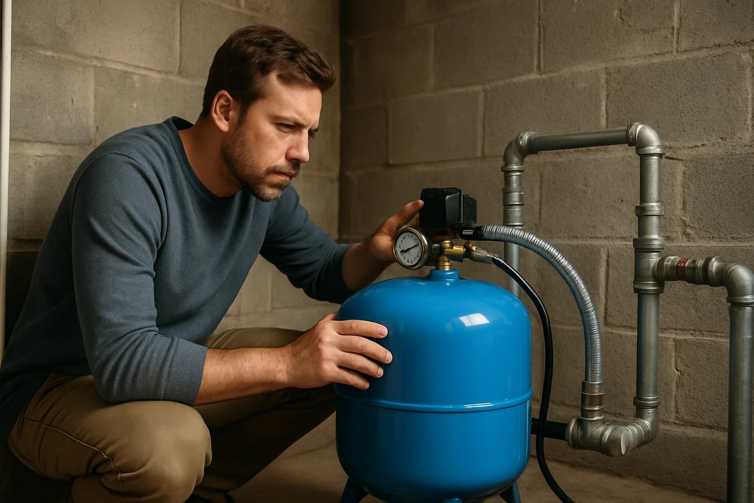 Muž kontroluje modrú hydroforovú nádrž v technickej miestnosti.