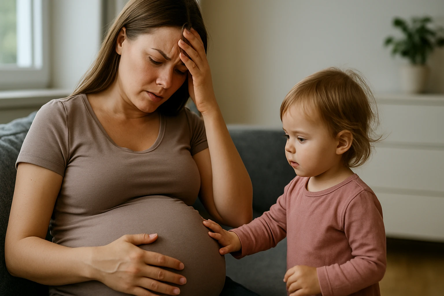 Tehotná žena so stresom a malým dieťaťom na bledom pozadí.