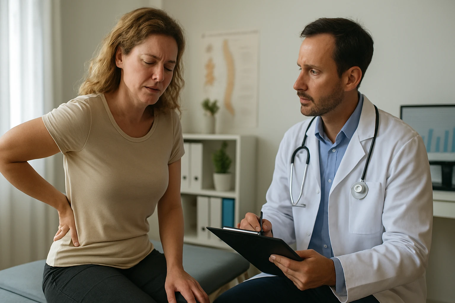 Žena trpiaca bolesťou chrbta počas lekárskeho vyšetrenia.