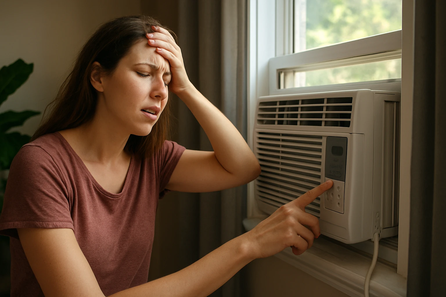 Žena sa snaží upraviť oknovú klimatizáciu počas letných horúčav.