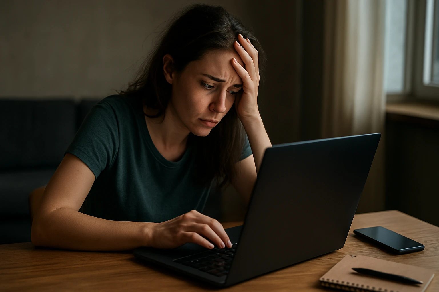 Žena s výrazom frustrácie pri práci na laptopu