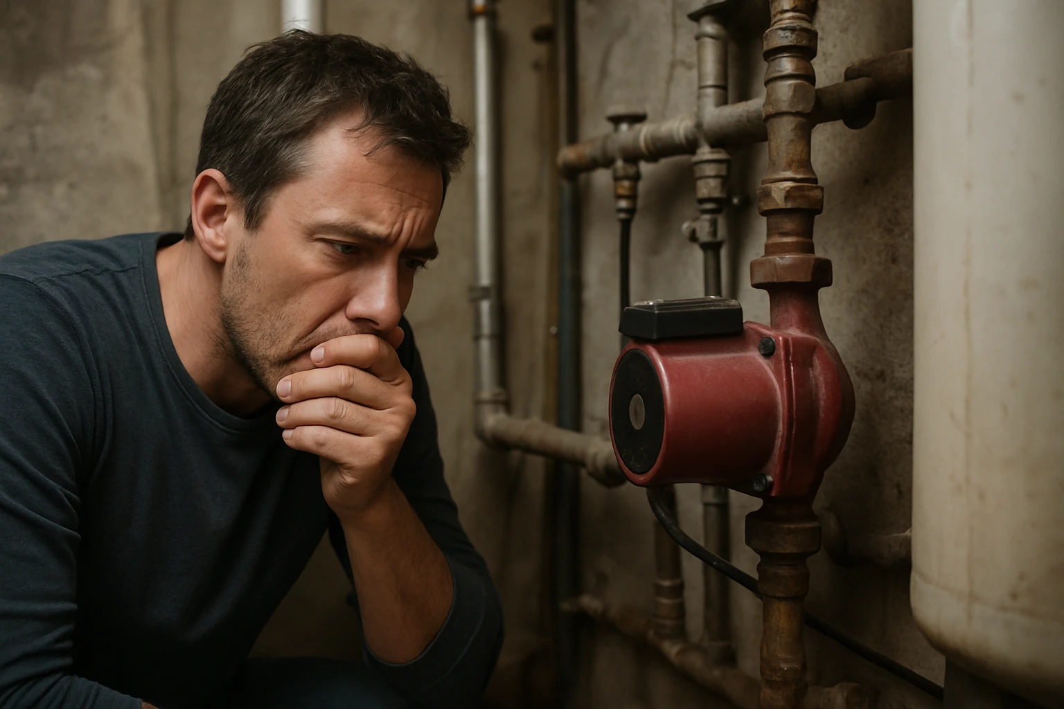 Muž kontroluje obehové čerpadlo v kúrení v technickej miestnosti