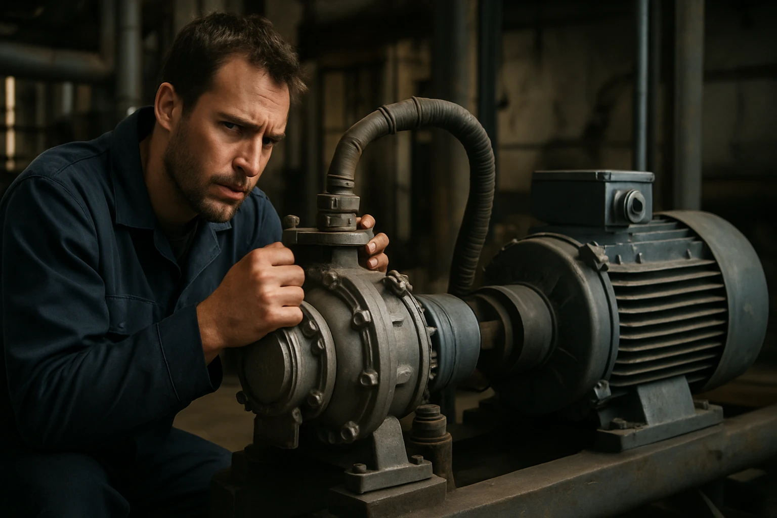 Inžinier pri kontrolovaní sekundárneho vzduchového čerpadla v priemyselnom systéme.