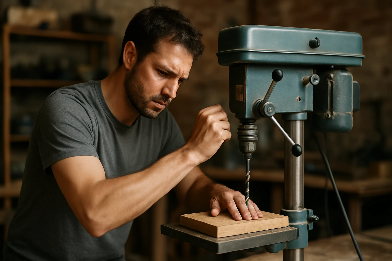 Muž pracujúci s excentrickým lisom v dielni
