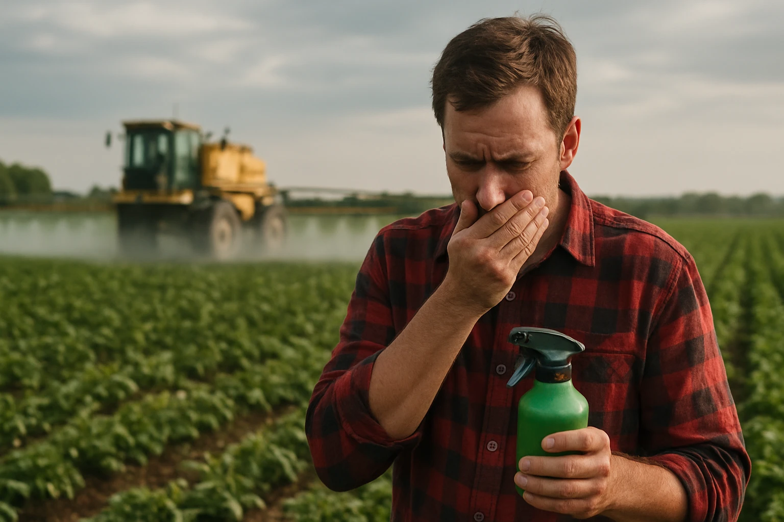 Farmer with spray bottle covering his mouth in a pesticide-treated field