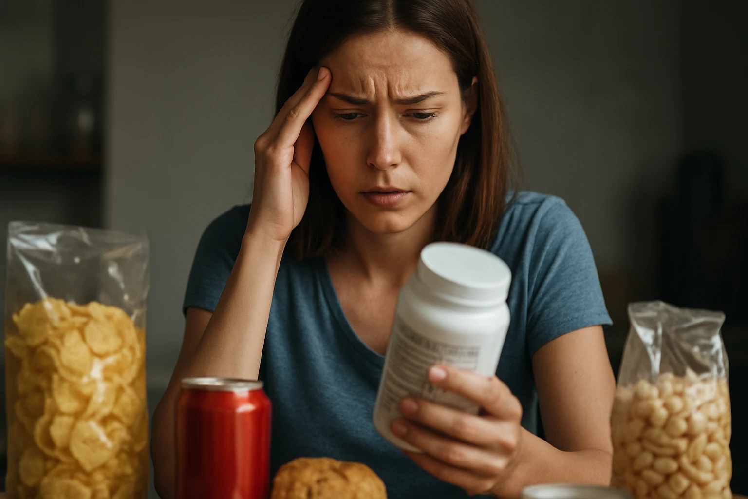 Žena znepokojená tým, čo číta na fľaši s konzervantmi