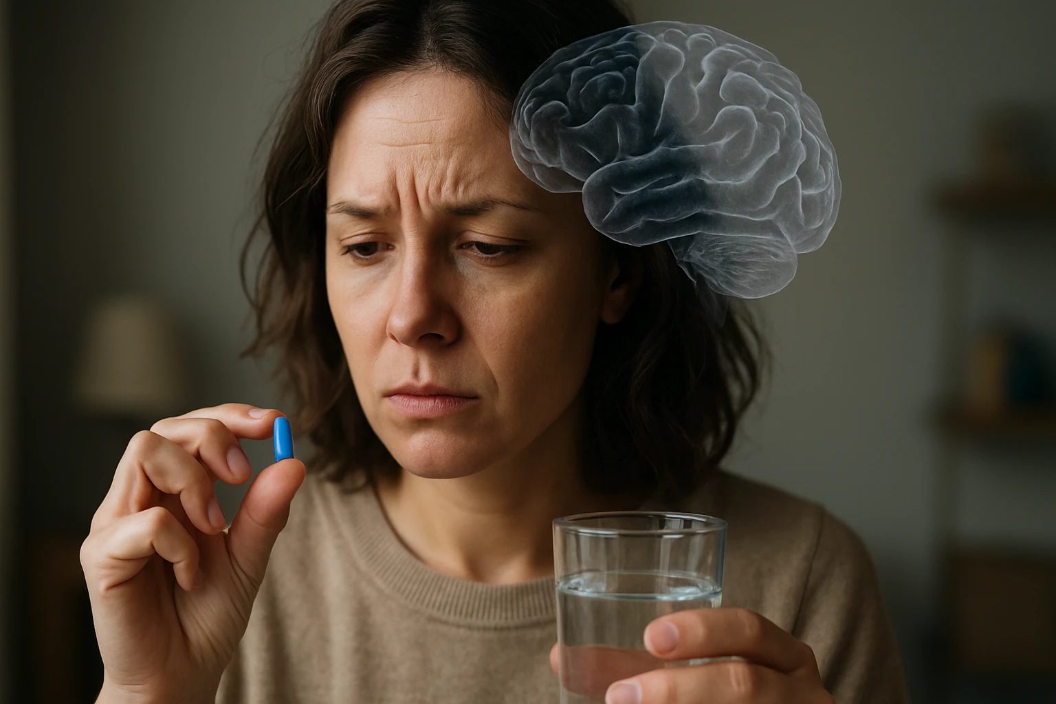 Žena s modrou tabletou a pohárom vody premýšľa o antidepresívach a ich účinkoch na mozog.
