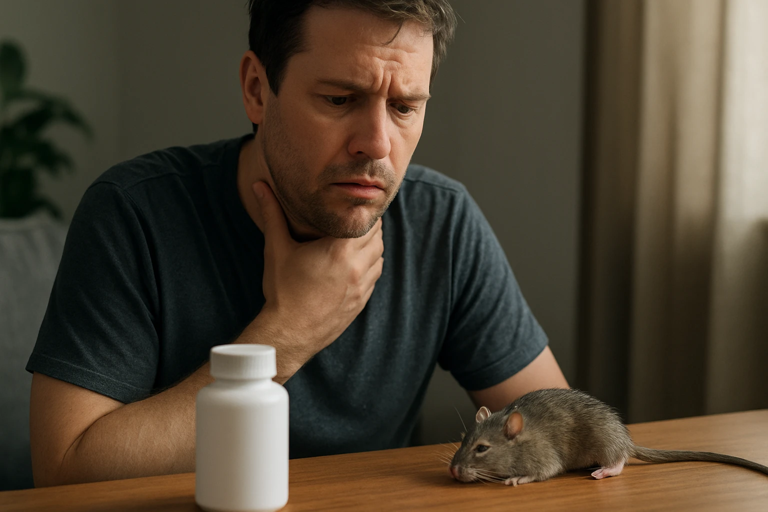 Muž znepokojený účinkami potkania jedu a otravy.