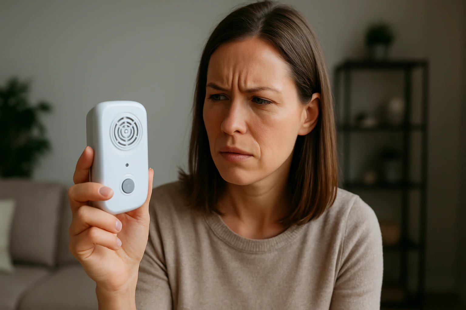 Žena skúma ultrazvukový odpudzovač škodcov v interiéri.
