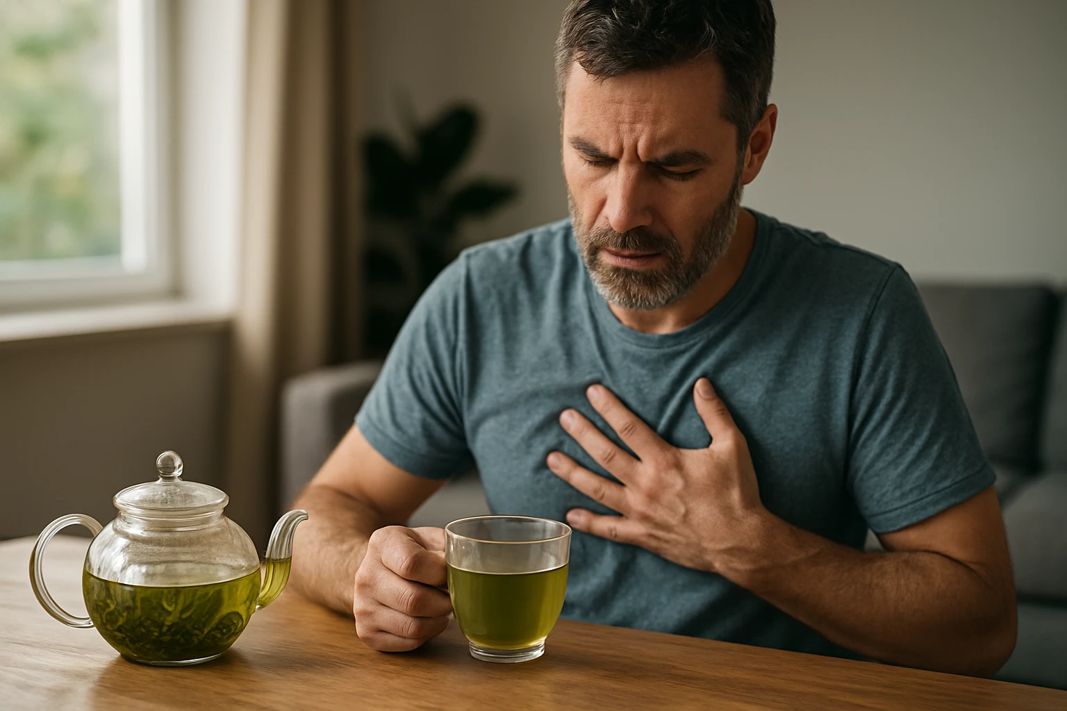 Muž so zeleným čajom a pocitmi úzkosti kvôli krvný tlak.