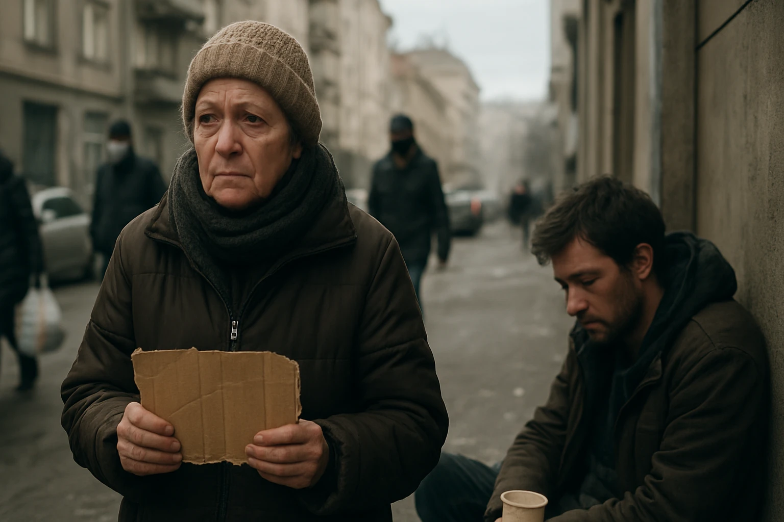 Žena na ulici v Maďarsku, ktorá sa vyrovnáva s ekonomickými ťažkosťami.