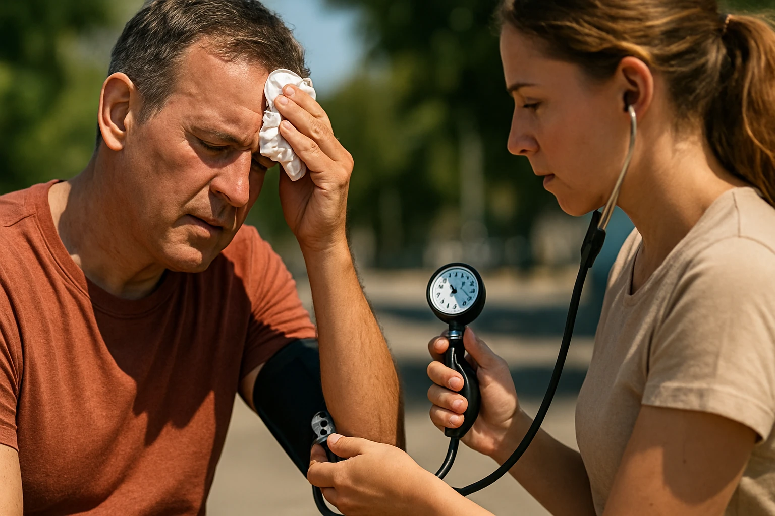 Muž trpiaci horúčavami meria krvný tlak s odborníkom.