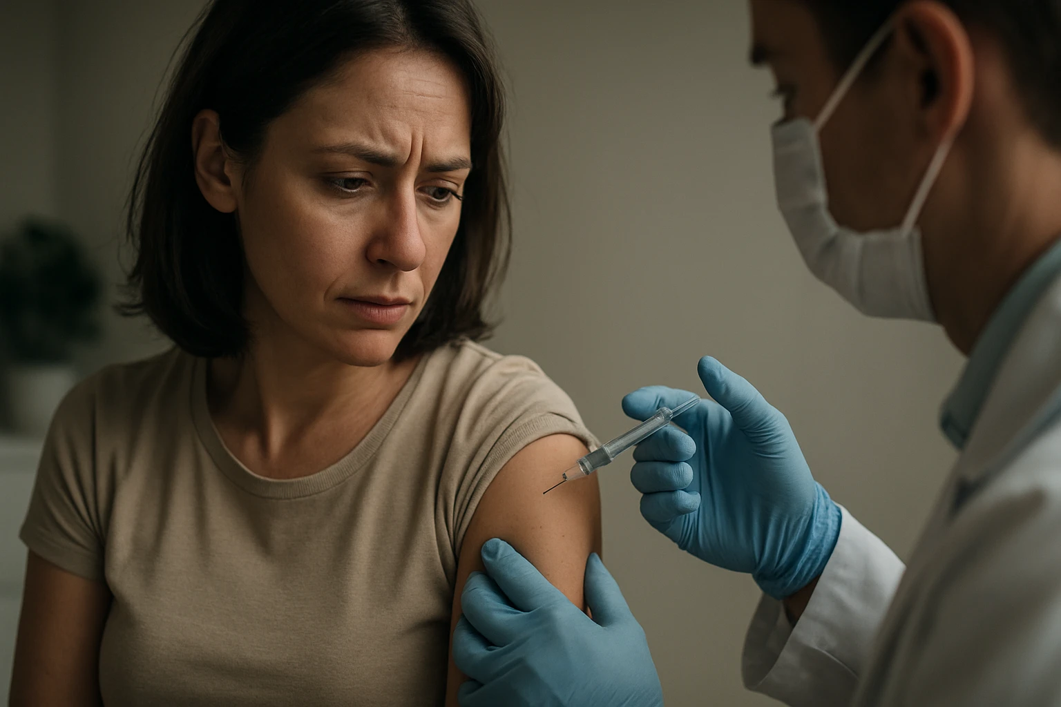 Žena nervózne čaká na injekciu Ovitrelle od zdravotníka.