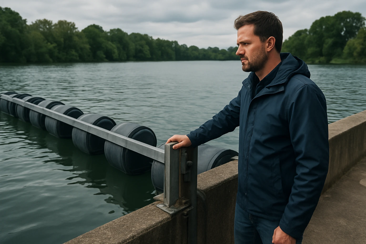 Muži pri plávajúcej bráne na rieke, diskutujúci o údržbe brán