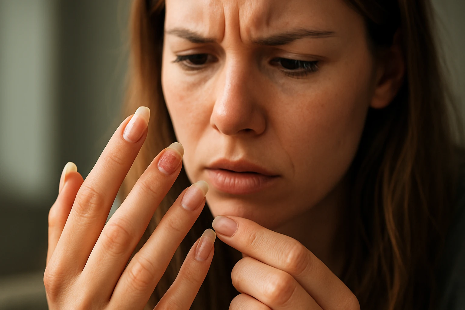 Žena skúma prvé príznaky poškodenia umelých nechtov.