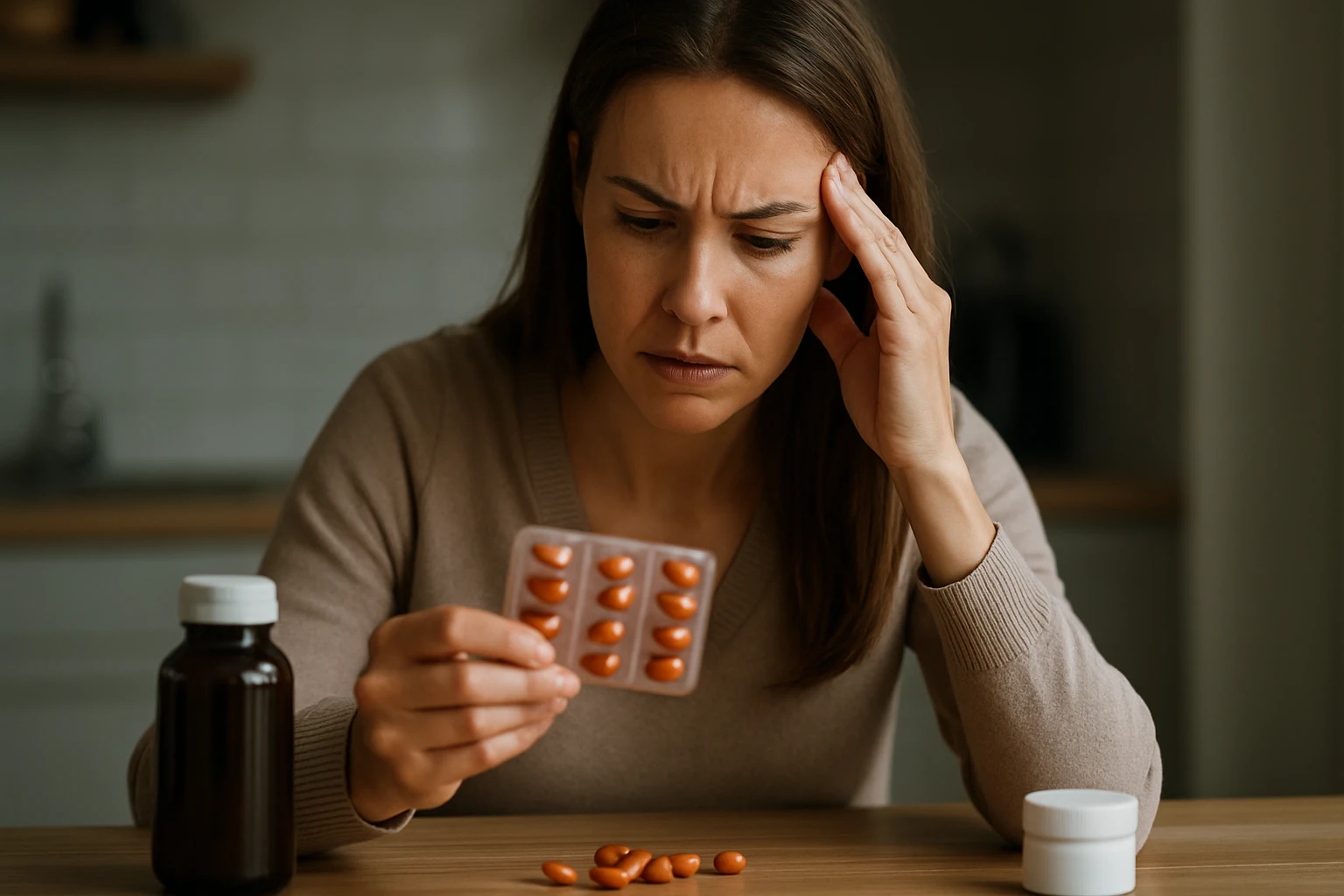 Žena skontroluje doplnky vitamínu A s vážnym výrazom.