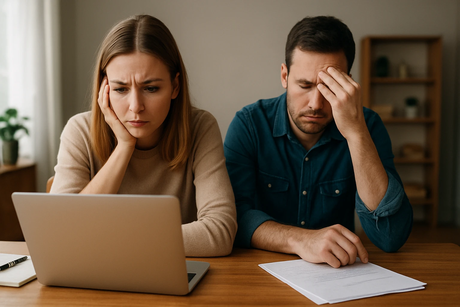 Zamyslený pár s laptopom, diskutujúci o blogovaní a jeho výhodách a nevýhodách.