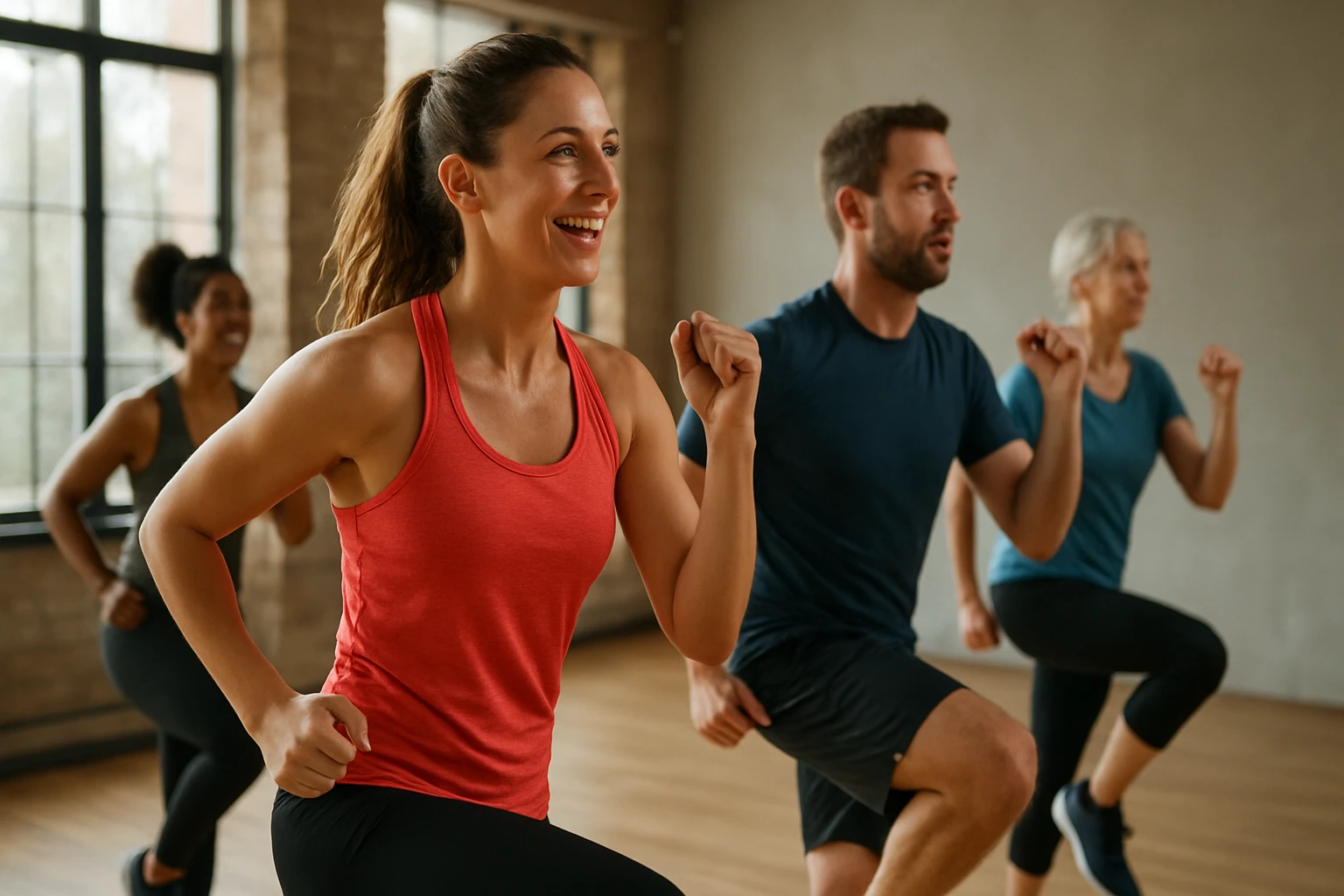 Skupina ľudí cvičiacich aerobik v telocvični s nadšením