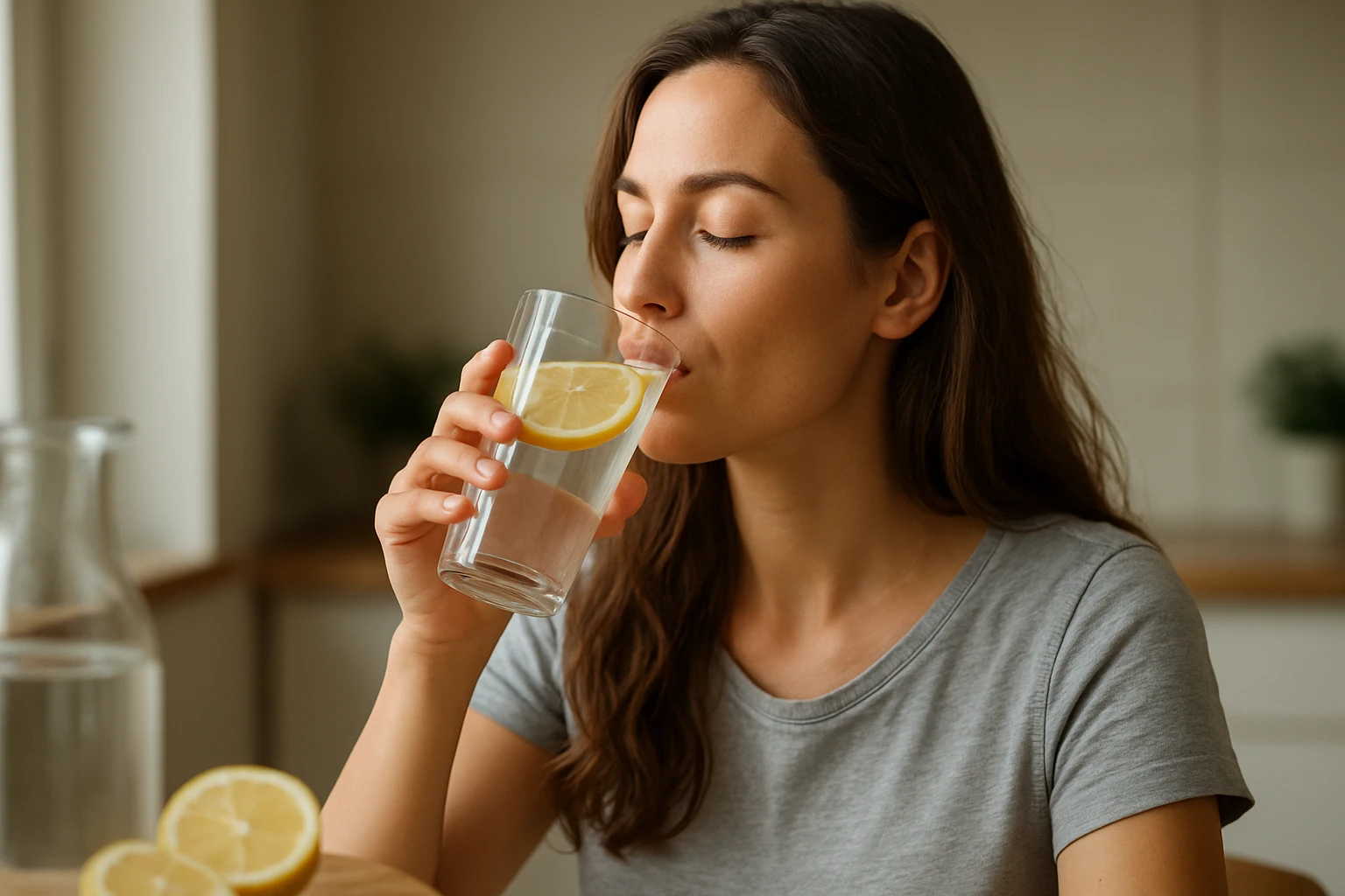 Žena pije citrónovú vodu pre zlepšenie zdravia a pohody.