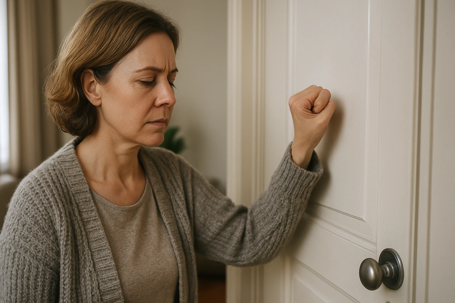 Žena klopká na dvere, zameraná na techniku zmiernenia stresu.
