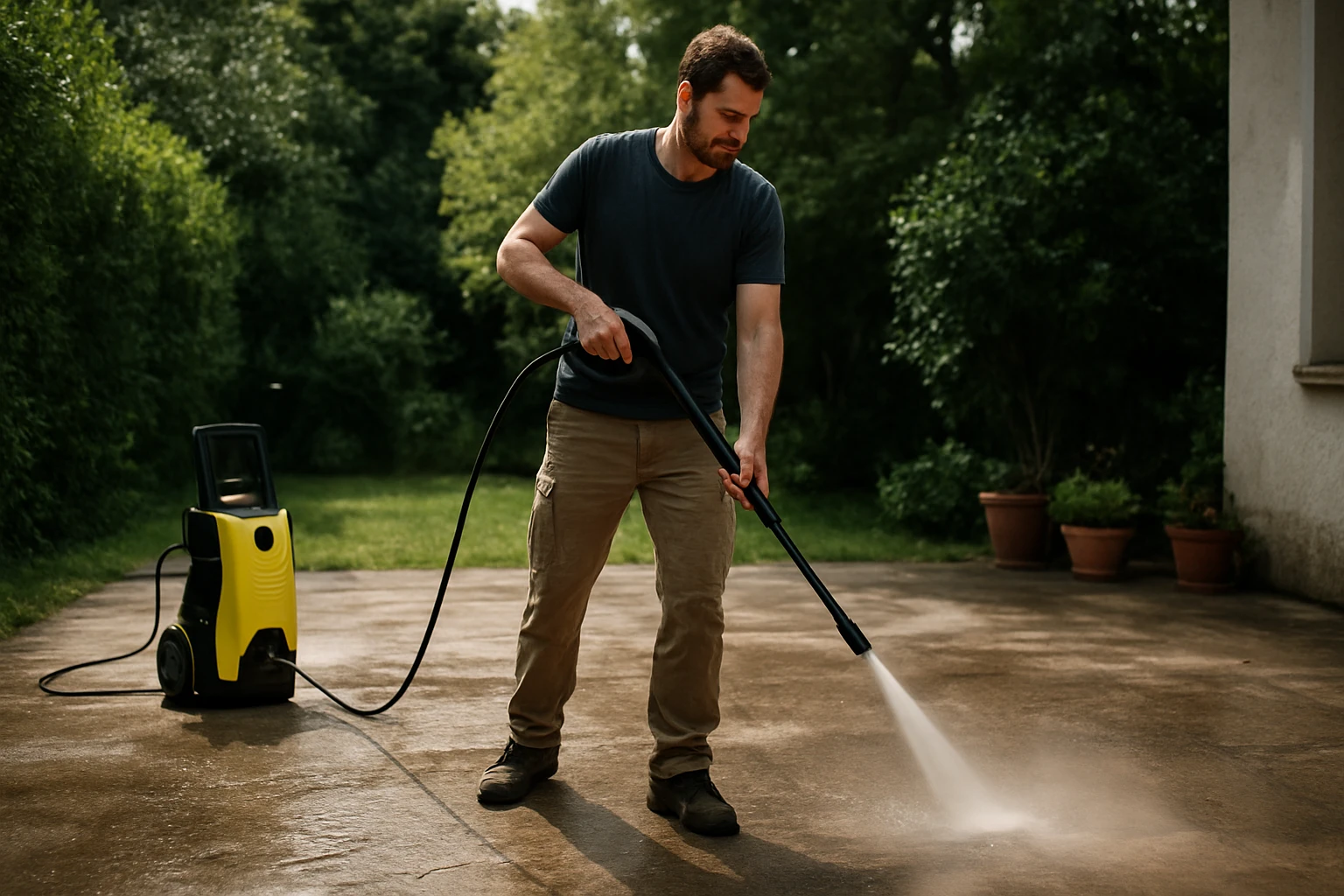Muž používa vysokotlakový čistič na vonkajšom podlahe