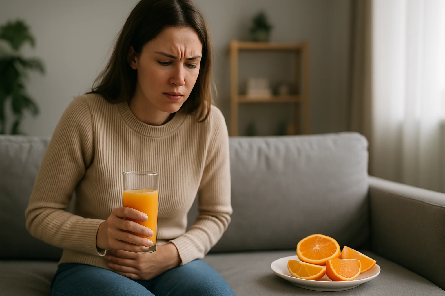 Žena s menštruačnými bolesťami drží pohár pomarančového džúsu.