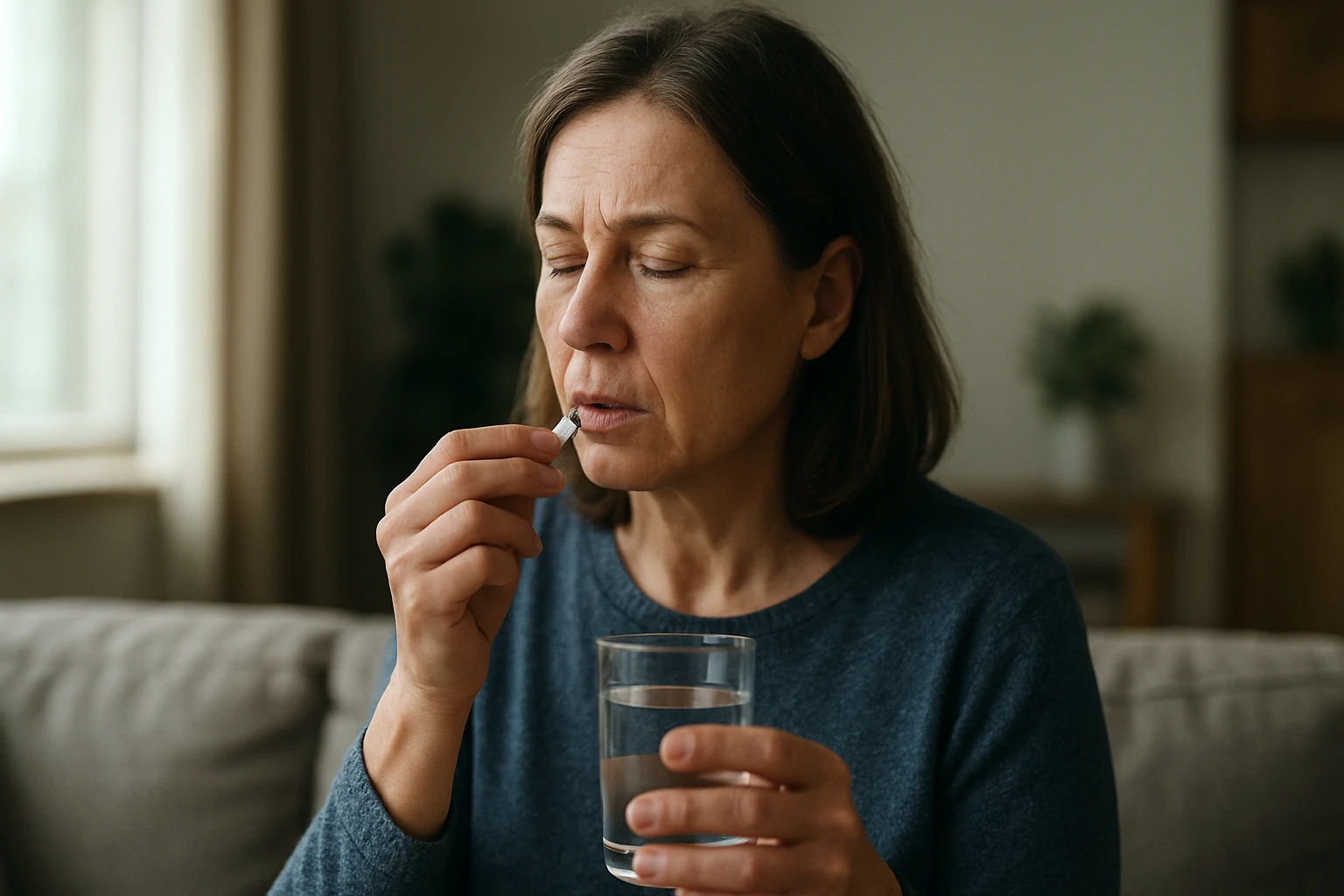 Žena užívajúca acetylcysteín s pohárom vody pre zdravie