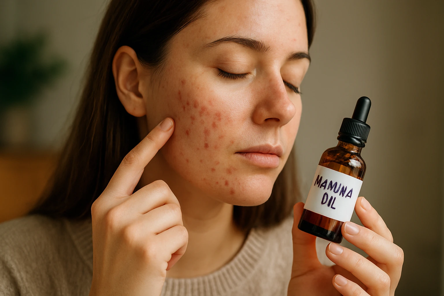 Mladá žena skúša manukový olej na akné na tvári.