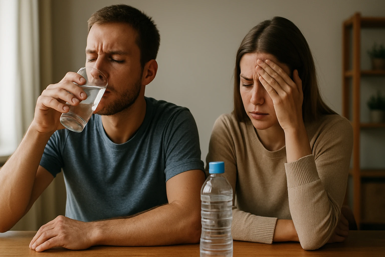 Muž pije vodu, žena sa zlou náladou kvôli nadmernej konzumácii vody.