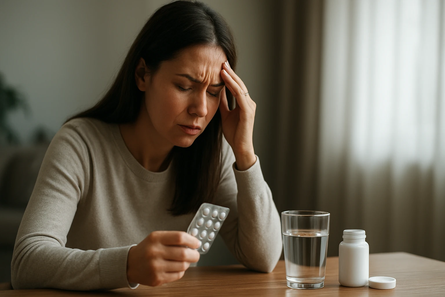 Žena so stresom drží tabletky a pohár vody