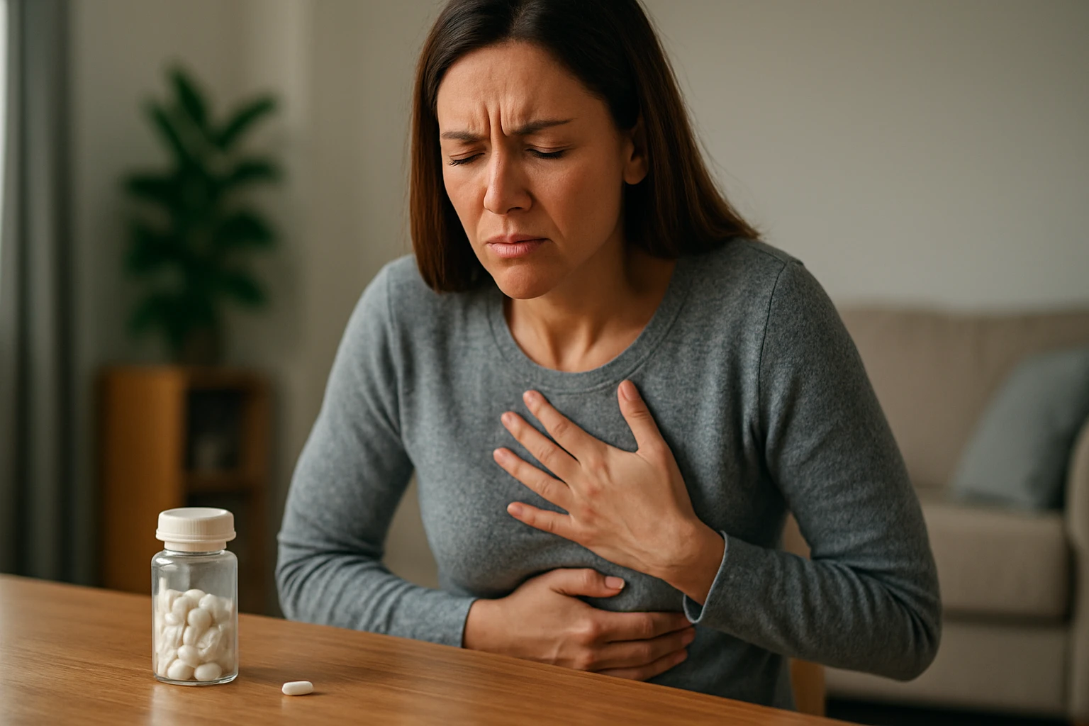 Žena so žalúdočnými problémami a tabletky na stole