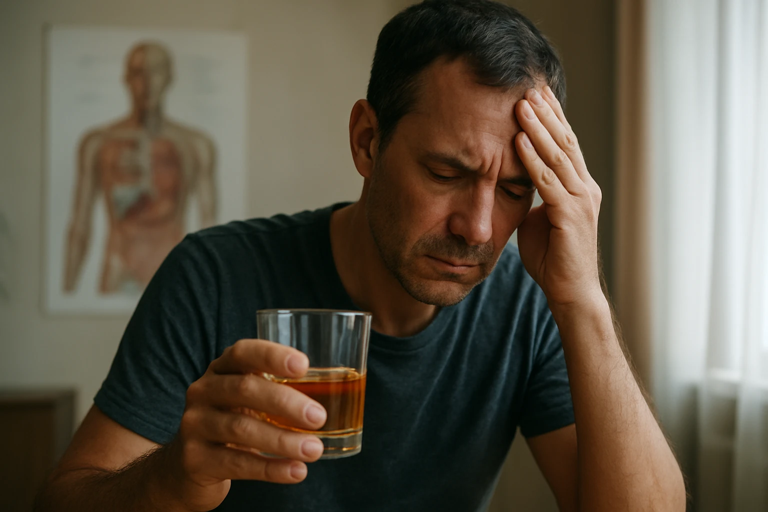 Muž s pohárom alkoholu trpiaci bolesťou hlavy!