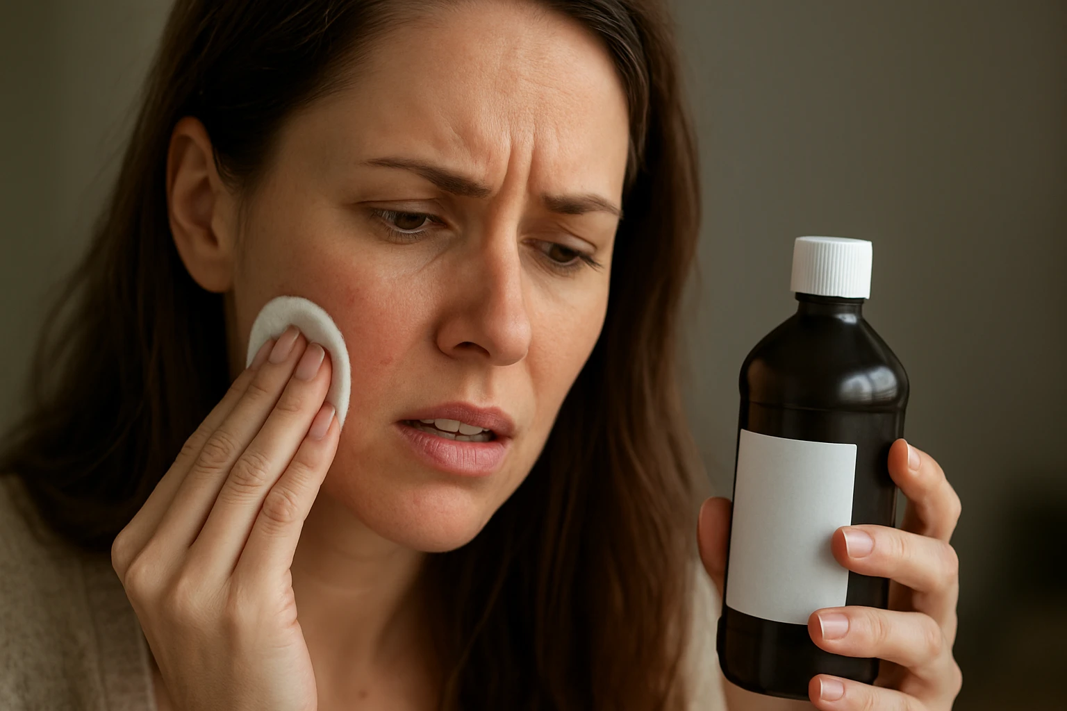 Žena sa obáva účinkov peroxidu vodíka na pokožku a používajúca vatový tampón.