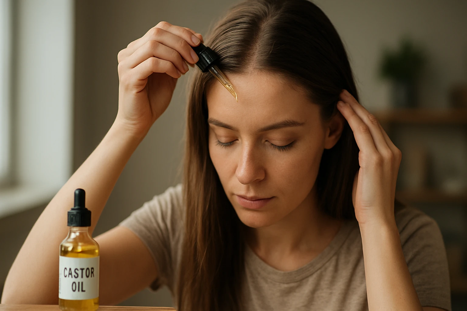 Žena aplikujúca ricínový olej na vlasy alebo pokožku hlavy.