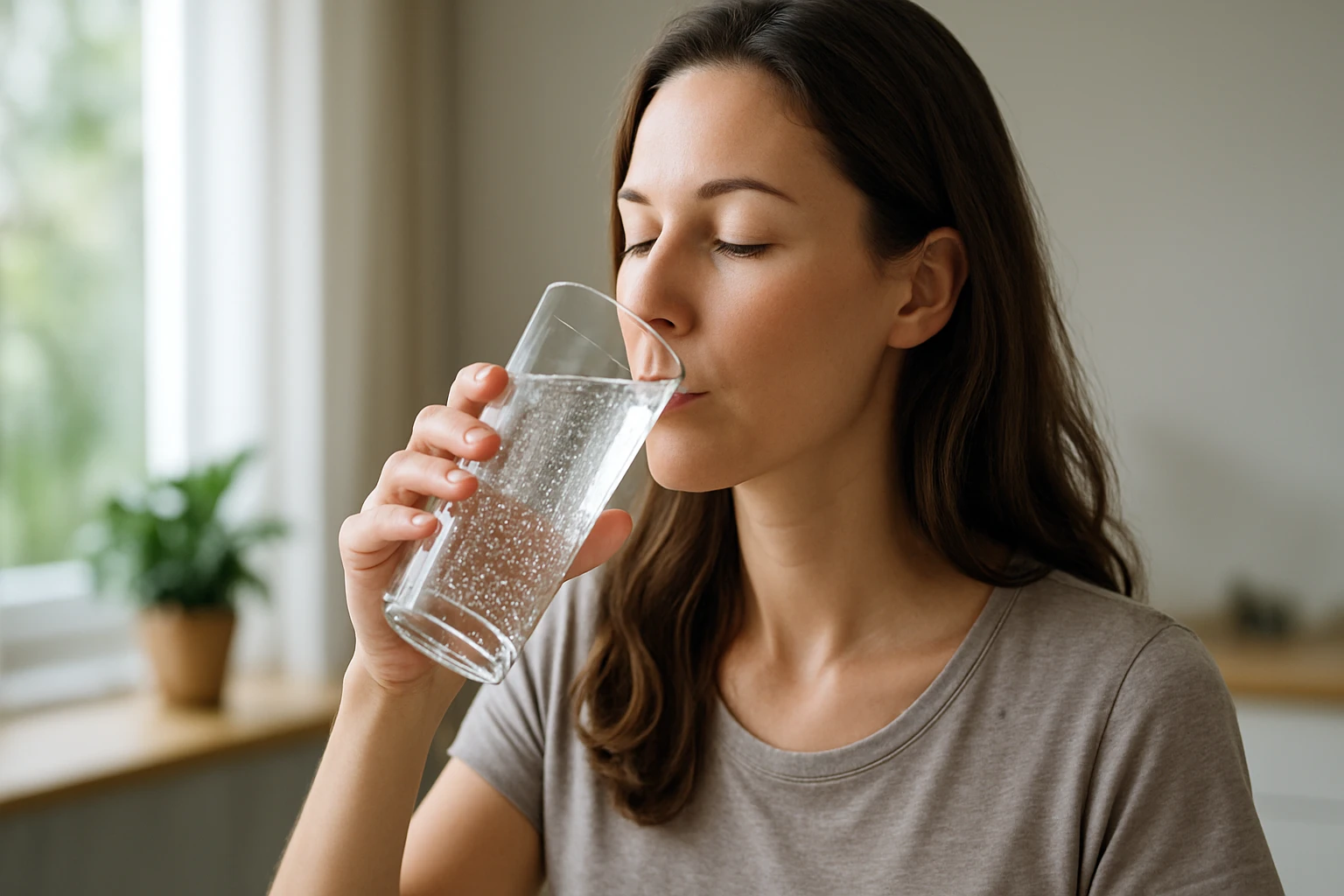 Žena pije sýtenú vodu z pohára pre zdravšiu vitalitu.