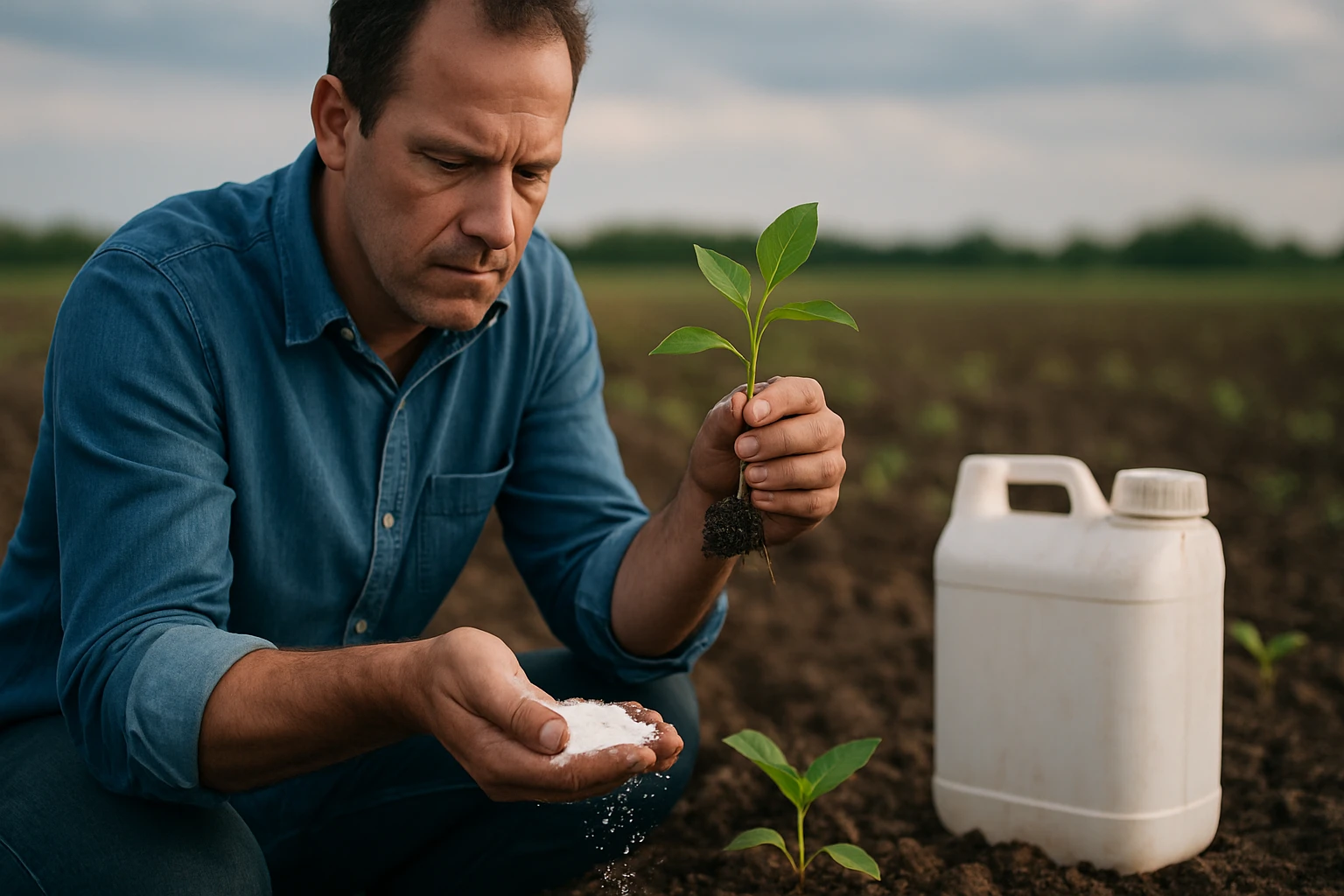 Muž skúma kvalitu pôdy a rastlín so snehobielym práškom.