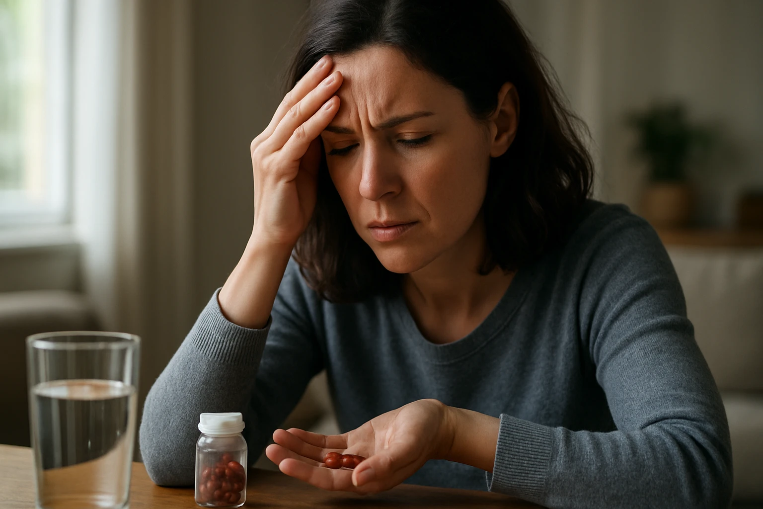 Žena so stresom a bolesťou nervov, užívajúca Milgamma kapsuly.