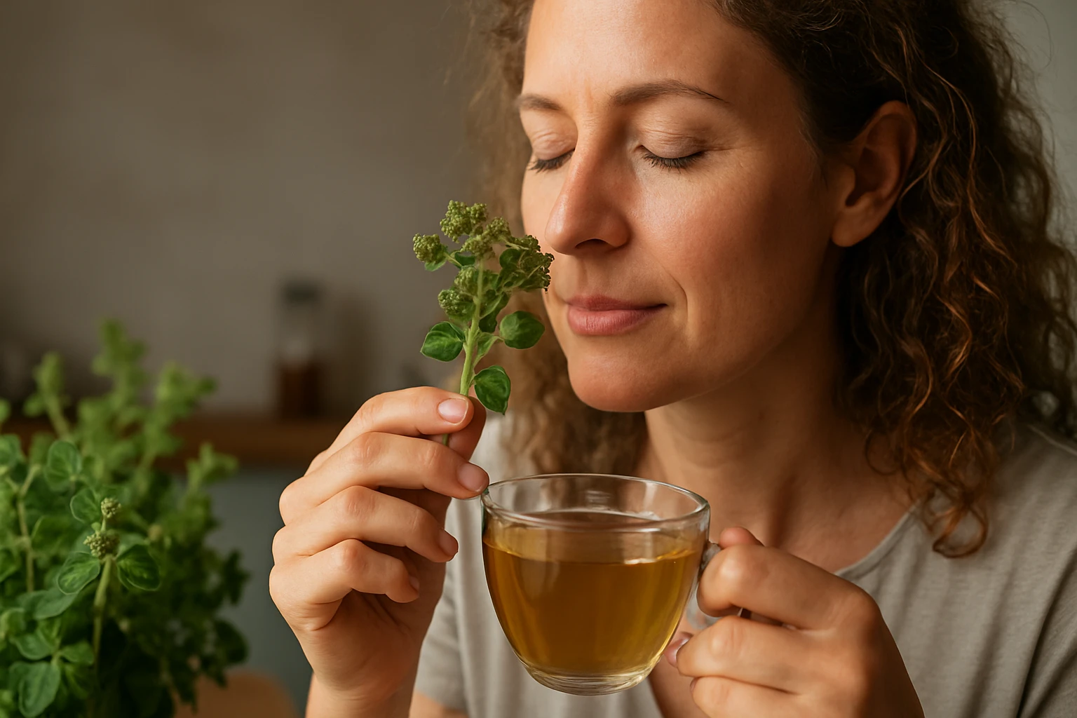 Žena vychutnáva čaj z materinej dúšky s bylinkou v ruke