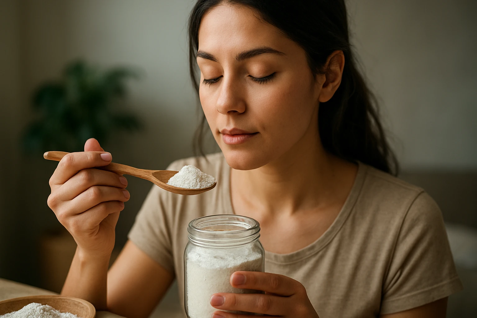 Žena s ukazujúcou lyžičkou peruánskej kremeliny pred otvorenou nádobou.