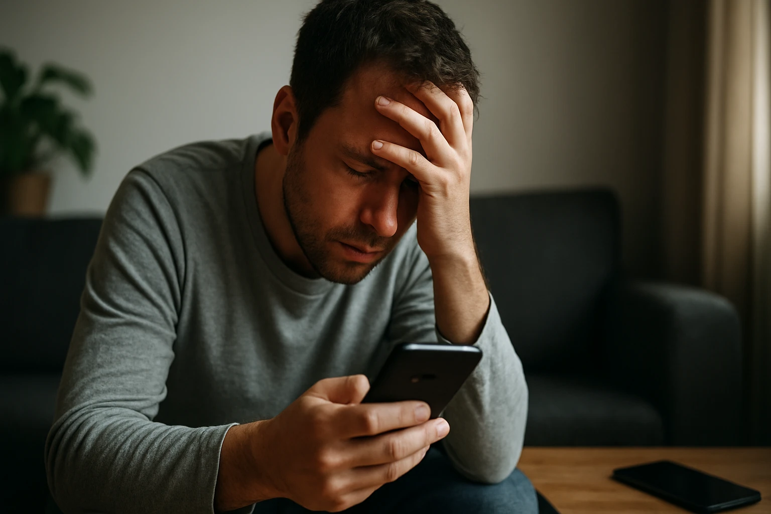 Muž s mobilným telefónom v ruke, vyzerá skľúčene a rozrušene.