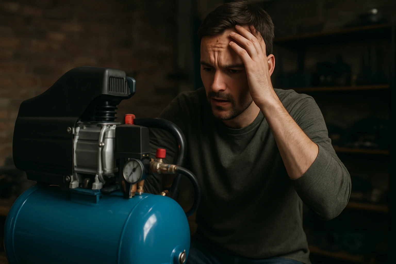 Muž kontroluje bezolejový kompresor, prejavuje frustráciu.