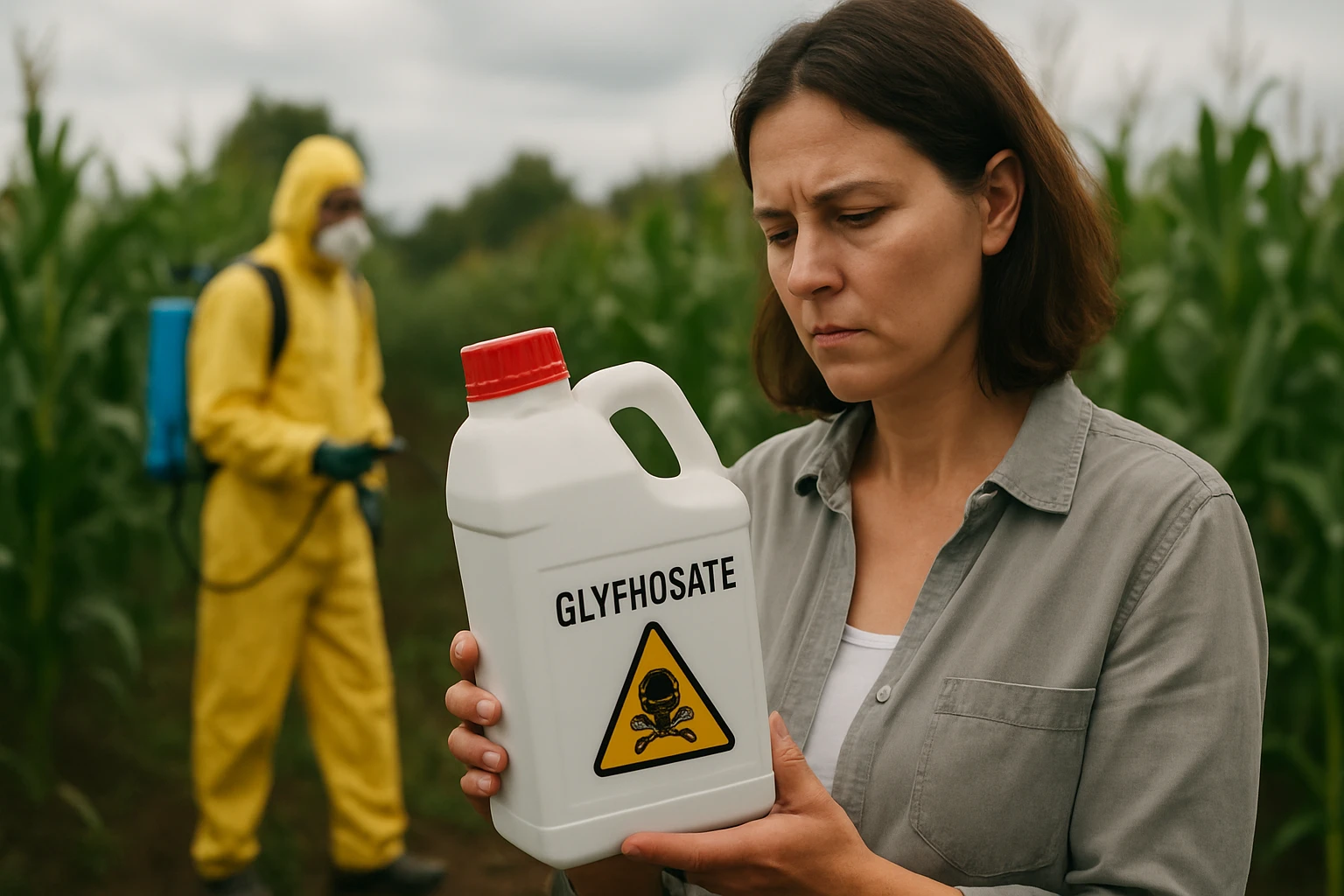 Žena skúma fľašu s glyfosátom na poli plnom kukurice.