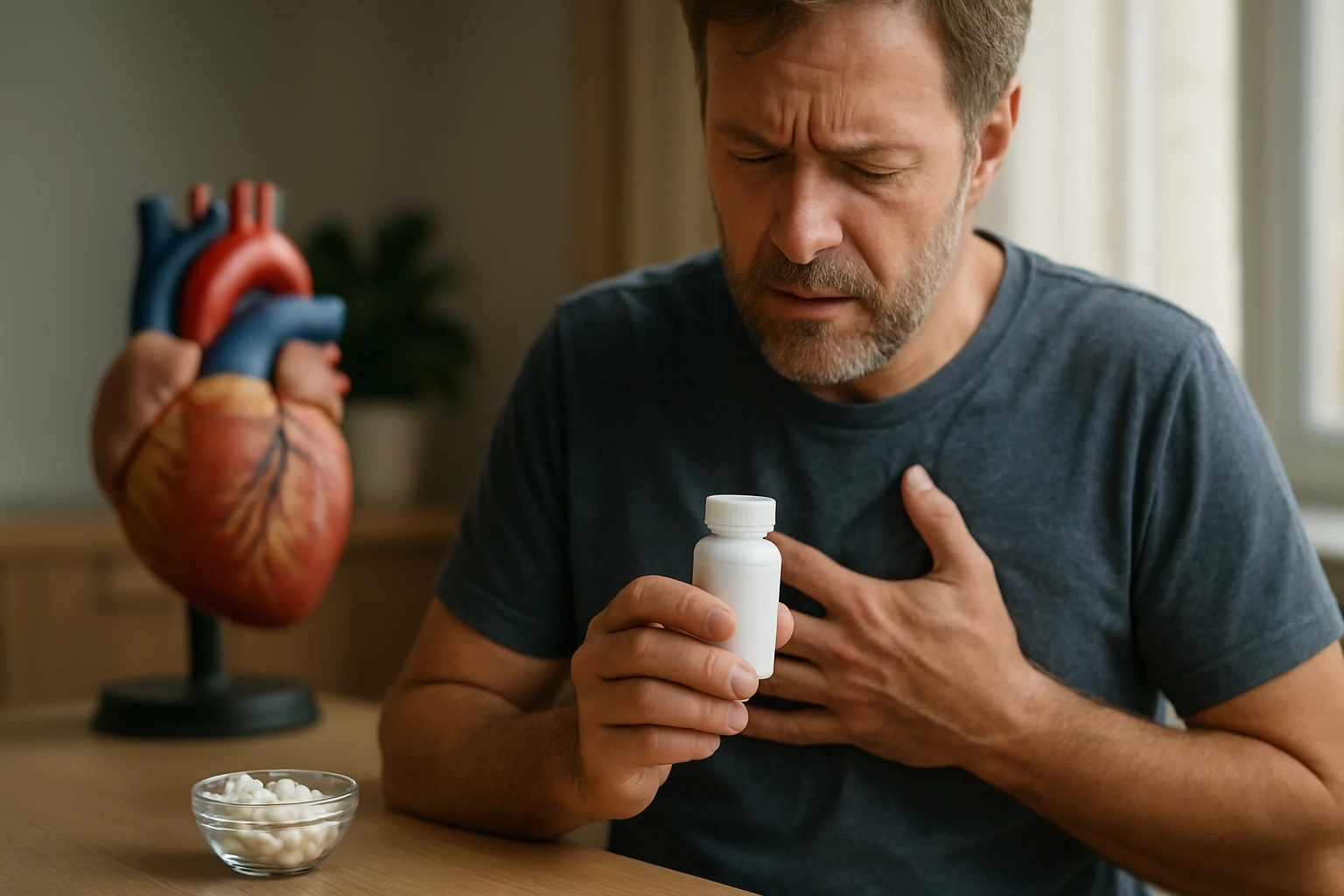 Muž s problémami so srdcom a L-karnitínom na stole