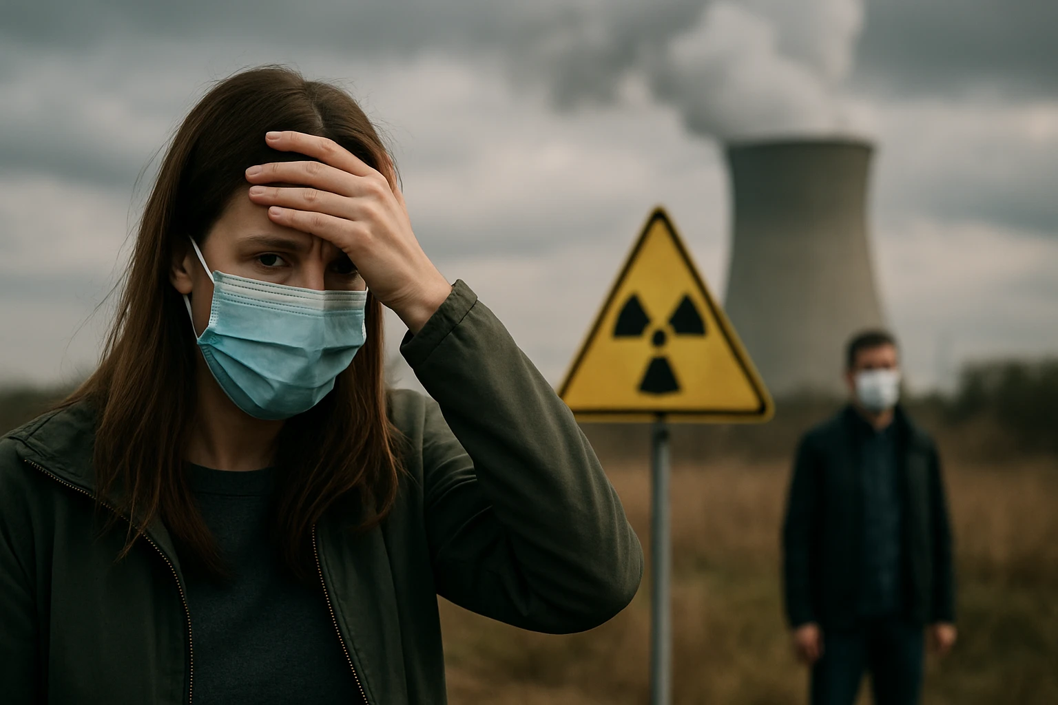Žena s maskou vyjadruje obavy pred nukleárnym žiarením.
