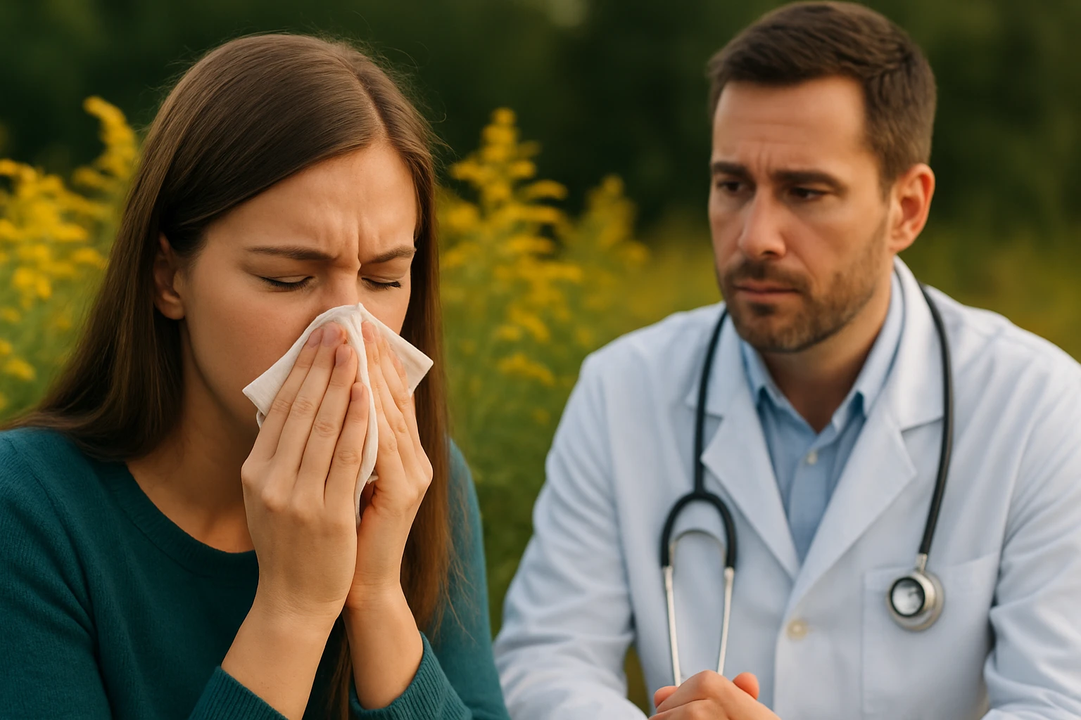 Mladá žena trpí alergiou na ambróziu pri konzultácii s lekárom.